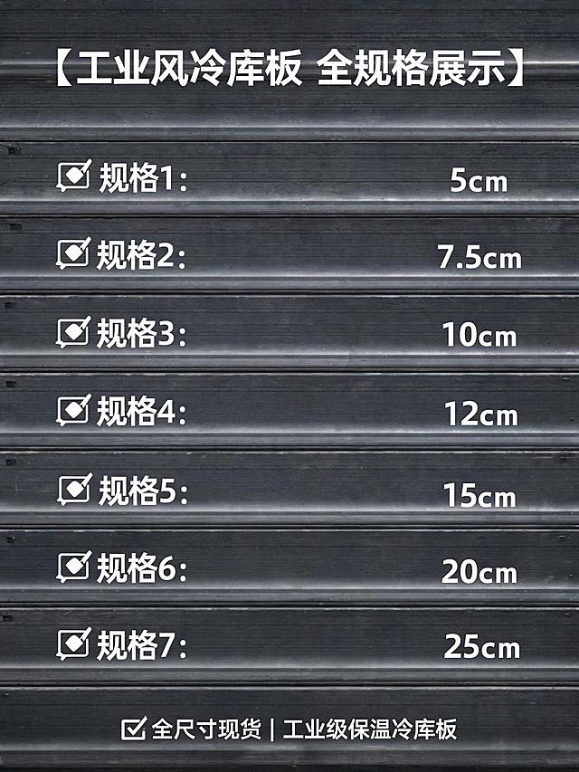 淘宝详情页规格参数展示图，展示5cm,7.5cm,10cm,12cm,15cm,20cm,25cm全规格冷库板，工业风设计，清晰明了