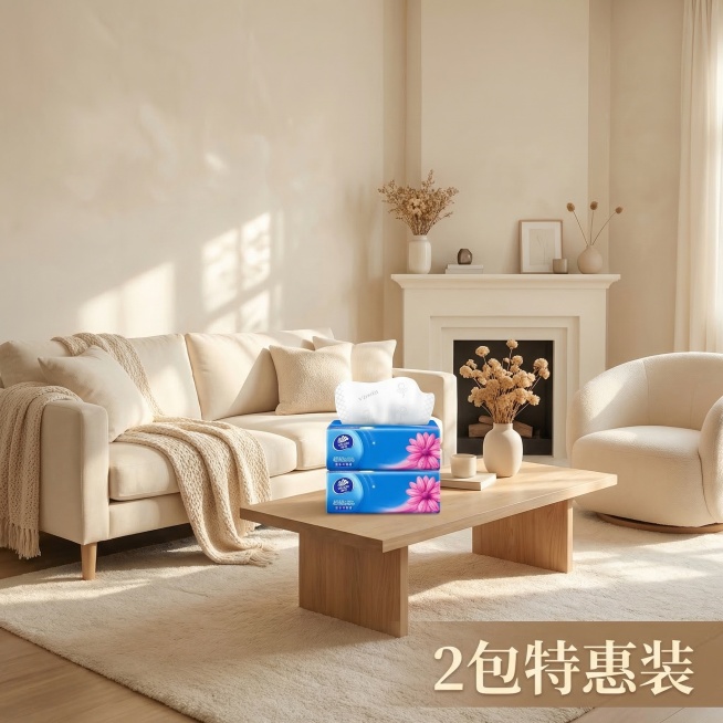将2包维达超韧纸巾整齐摆放在温馨简约的米色客厅场景中，保持每个产品原有Logo和文字不变，保持产品主体结构不变。整体采用法式奶油风，全屋漫射柔光，低饱和度暖色调，画面明亮通透。添加阳光光斑作为氛围点缀预览效果