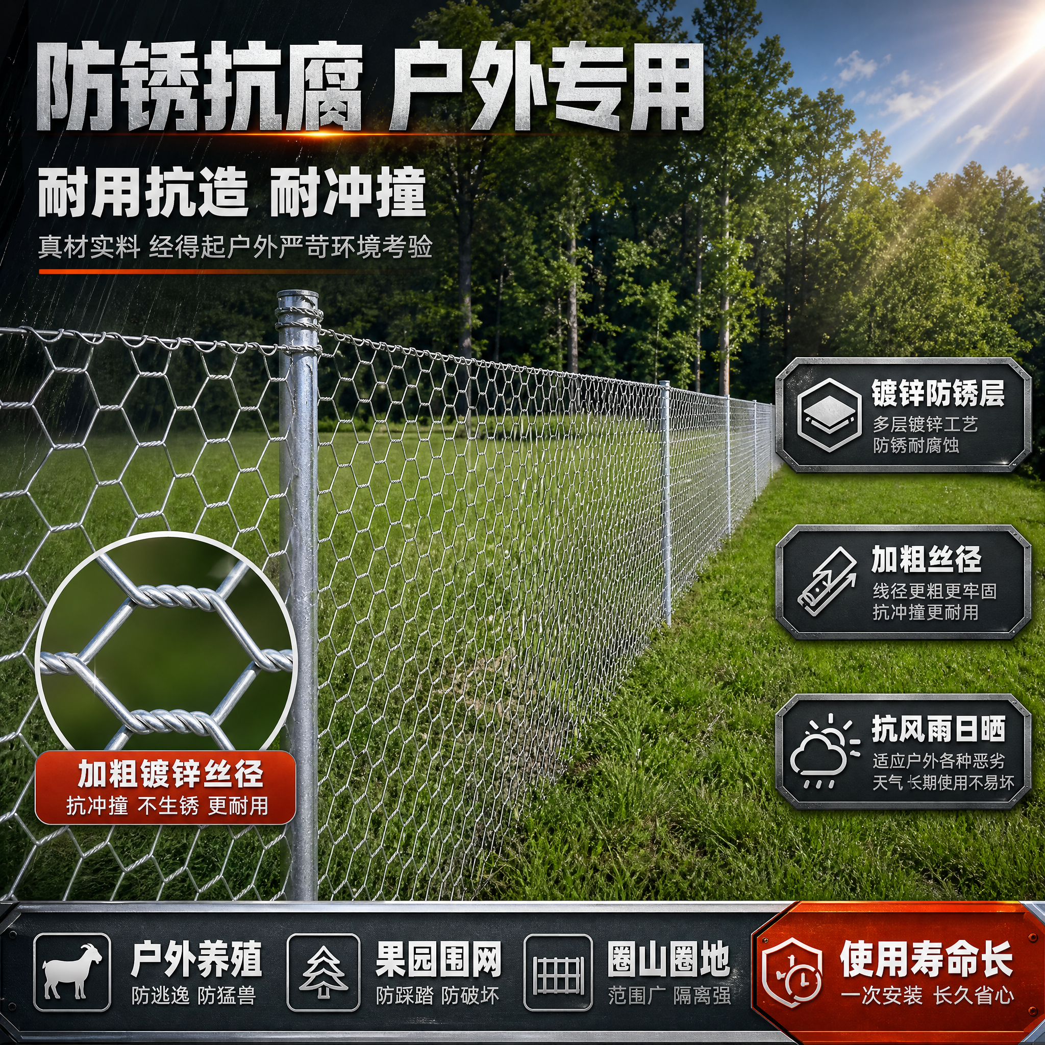 [主图-3] 防锈耐用卖点图，核心任务：突出六角网防锈抗户外环… - 图片创意预览