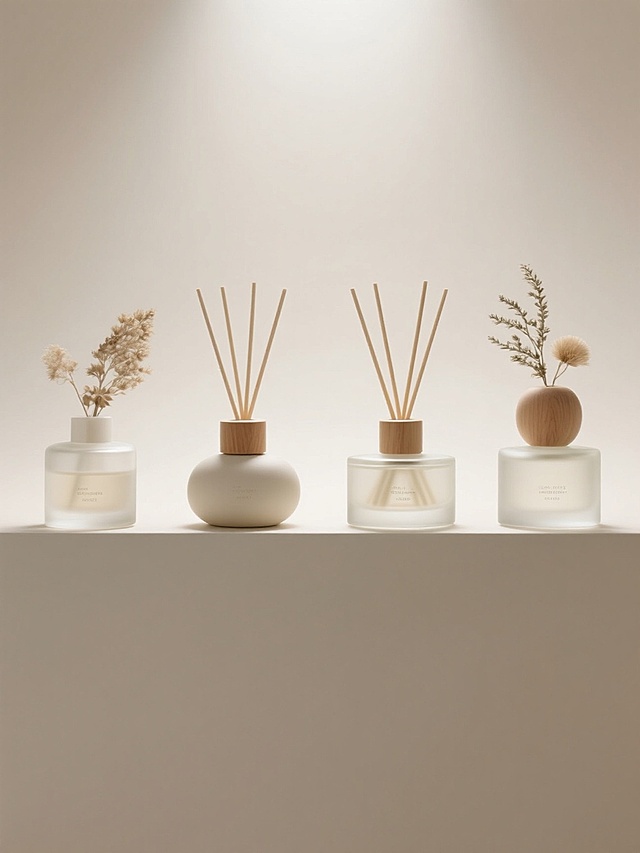 简约现代风格的香薰产品组合展示，四个不同造型的香薰摆件呈规整矩阵排布，每个摆件包含透明或磨砂质感的玻璃/陶瓷容器，搭配自然材质的扩香棒与干燥植物装饰，整体色调以米白、浅木色、透明色为主的低饱和度色系，柔和均匀的顶光照明，清晰呈现容器的光滑表面与木质扩香棒的纹理细节，纯色极简背景，无任何文字、logo或水印，画面构图平衡对称，具有高端家居产品的精致感与空灵感。