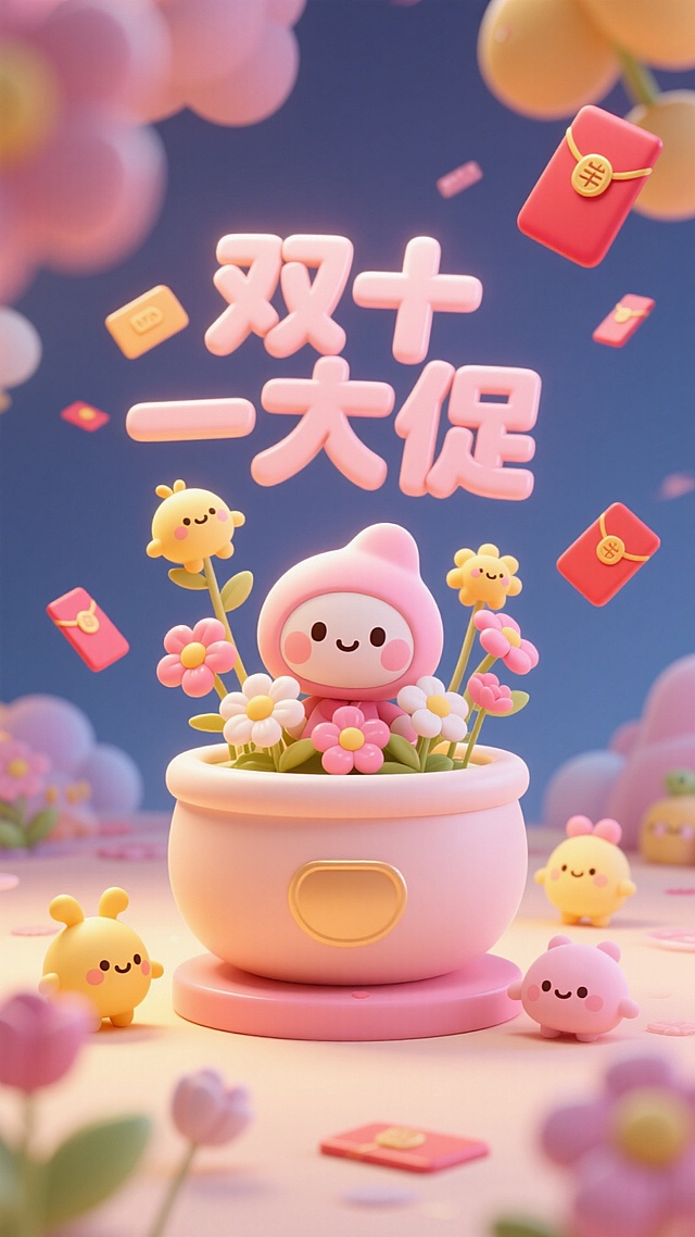 卡通主角为核心主体，周围环绕着造型 Q 萌的小生物以及装饰有花朵等元素的奇幻容器。标题“双十一大促”文字具有立体、醒目效果。采用 3D 卡通渲染风格，画面呈现出治愈、温馨的氛围，类似经典萌系动画的视觉效果。以粉色、暖黄色等明亮、柔和的暖色调为主，营造出温暖欢快的色彩氛围。空中有飘落的红包元素，为画面增添活泼与惊喜感，各类元素的材质都带有柔软、蓬松的质感表现。