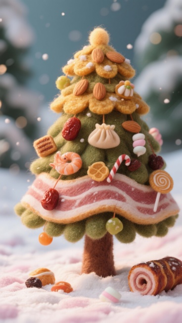 五花肉样式的雪地场景，地面覆盖着类似五花肉纹理的白色与粉色相间的雪地，一株由实物组成的圣诞树矗立其中，树干是烤肉卷，表面有烤制的焦香色泽和肉汁光泽，树冠由蜜糖杏仁糖片构成，呈现出金黄色的酥脆质感，树上预览效果
