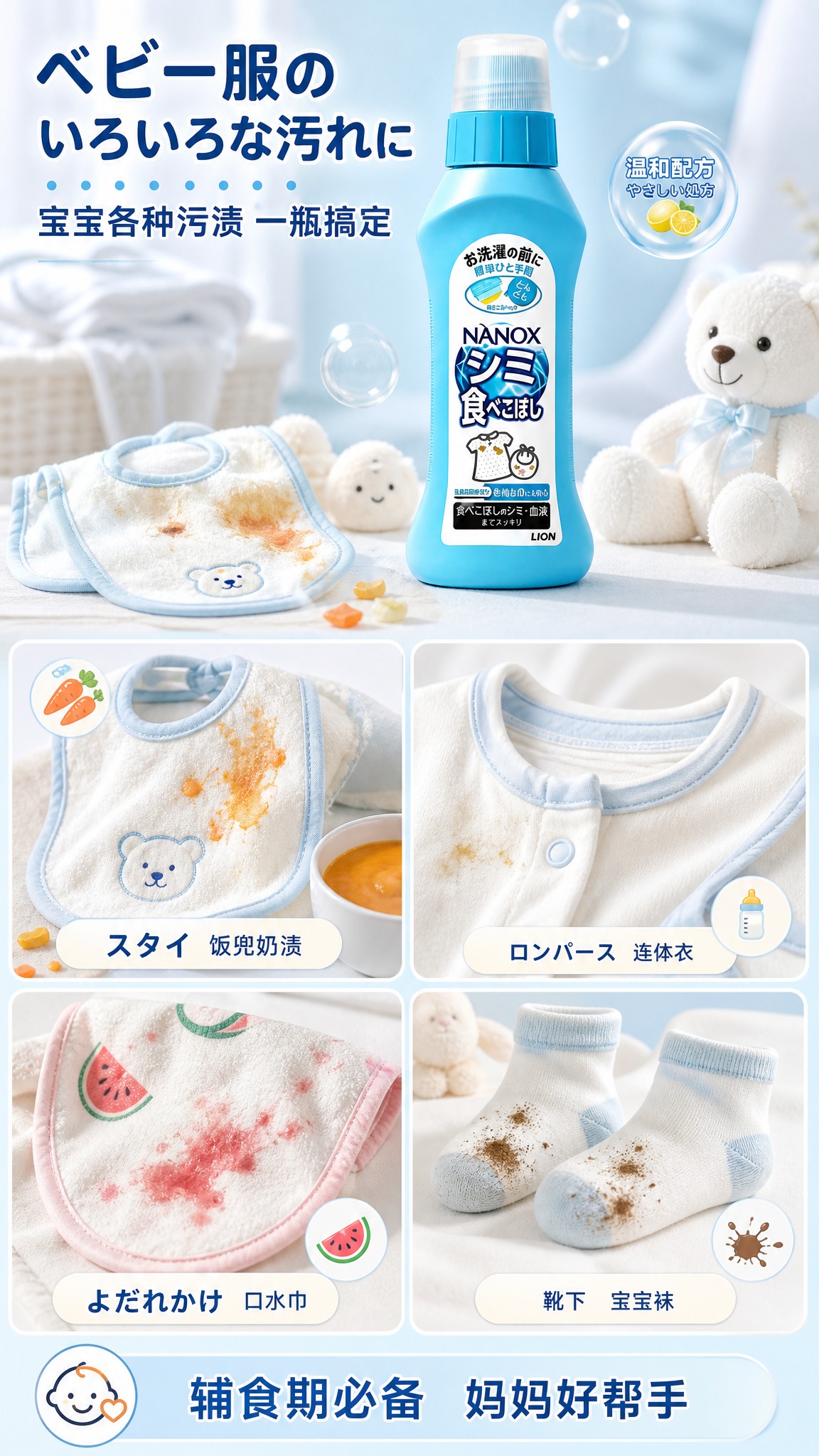 [商品] 使用【图3】浅蓝色狮王NANOX宝宝饭兜去污清洗剂；… - 图片创意预览