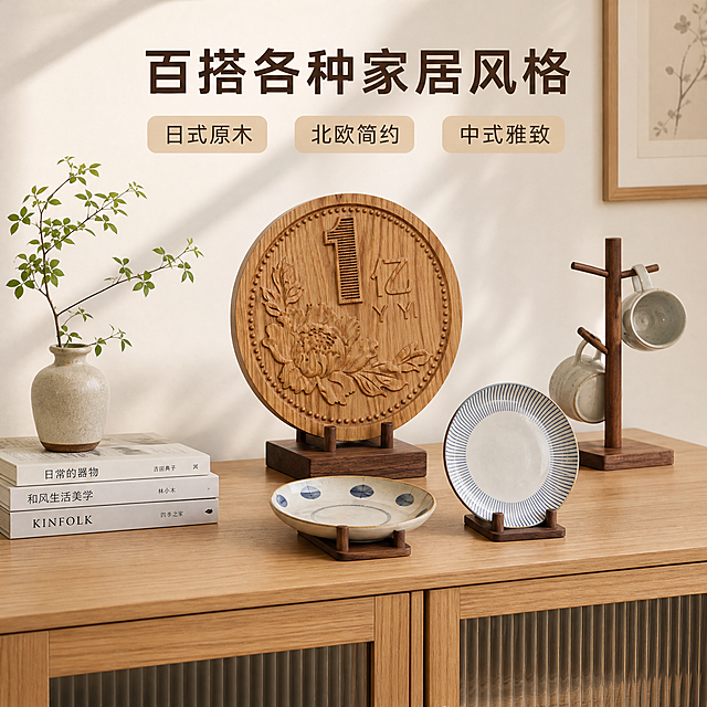[主图-3] 黑胡桃木展示架 风格搭配与陈列关系图。
[统一基调] 温馨居家生活感 原木风品质感 自然柔和午后光线 背景主色为米白浅木色 标题字色深胡桃木色 辅助字色暖灰色 强调色浅木色 字体为简洁无衬线中文字体 字号层级分明 卡片样式为圆角浅木色半透明底。
[画面] 黑胡桃木展示架放置在日式原木风餐边柜上，展示架上陈列两个陶瓷餐盘和一个木质杯架，旁边搭配一个小花瓶和几本书籍，展现完整的餐桌陈列场景。视角为平视略带俯视，主体占比约55%。背景是浅木色柜体和米白墙面，整体呈现日式简约、北欧原木风的搭配效果，体现产品百搭属性。
[光影质感] 商业摄影质感 自然柔和的室内漫射光 光影层次丰富 木质质感温润 餐具与展示架接触自然 无悬浮感。
[配色] 背景浅木色+米白 主体深胡桃木色 餐具白+浅蓝点缀 文字深木色 整体清新自然。
[文字版式] 画面上方主标题"百搭各种家居风格" 下方三个小标签横向排列"日式原木""北欧简约""中式雅致" 文字放在顶部负空间 不遮挡产品。
[输出要求] 1:1正方形 文字清晰可读 产品清晰锐利 无变形 无错字 无模糊 无杂乱 无水印 无平台Logo。
