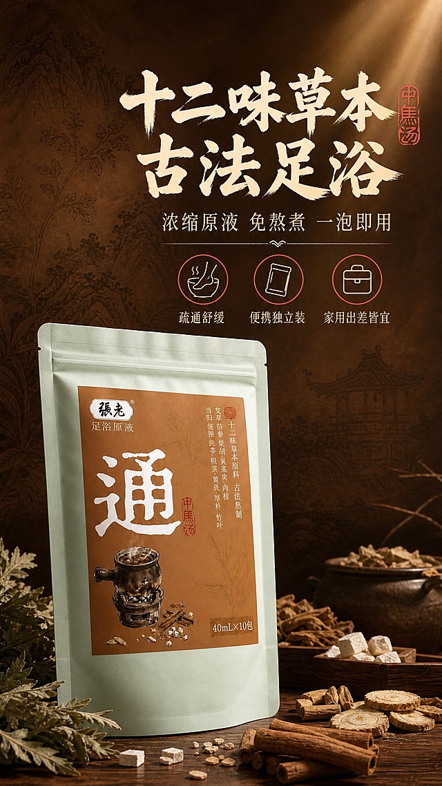 [商品] 使用【图6】张老中焦汤·通足浴原液袋装产品；保留包装袋完整结构、浅绿底色、棕色标签区、"张老"Logo、大字"通"、"中焦汤"印章、"十二味草本原料 古法熬制"文字、陶罐图案、"40mL×10包"字样，所有包装文字与图案原样保留，清晰可辨。
[画面] 第1张·头图海报页，目标是第一眼抓住抖音用户注意力，突出十二味草本古法足浴核心价值。竖版上下构图，产品袋竖立于画面中下部偏左，占画面约50%，正面朝向略右倾30度；底部散落艾草、桂枝、茯苓块等草本原料；背景为深棕褐色中式古风场景，远山线描、古建亭台剪影、草本植物线稿装饰，顶部暖光束打下营造氛围感。右上区域放主标题和副标题，下方三个圆形图标横排展示核心卖点。
[视觉] 套系策略：风格=中式古法养生商业摄影风，国潮质感；标题字=粗黑体+书法笔触，厚重有力；正文字=简洁黑体；主色=暖棕褐色；背景延展=基于暖棕做深浅层级、同色渐变、宣纸纹理和草本线稿装饰；强调色=朱红色，仅用于小面积印章、图标边框、标签和重点数字高亮；标题色=米白色；正文色=浅米黄色；组件=圆形线描图标、中式分隔线、印章元素；光影=右上方暖调柔光，产品正面清晰，底部有自然投影。
[文字] 右上区域主标题"十二味草本 古法足浴"，副标题"浓缩原液 免熬煮 一泡即用"；下方横排三个圆形线描图标，分别配文"疏通舒缓""便携独立装""家用出差皆宜"；所有文字横向排版，字号大适合手机竖屏阅读，不遮挡产品主体和Logo。
[规格] 图片比例9:16竖版，4K，负向提示：避免变形、错字、文字过小、冷蓝/蓝灰背景、包装文字错乱、产品结构改变、二维码、极限词。