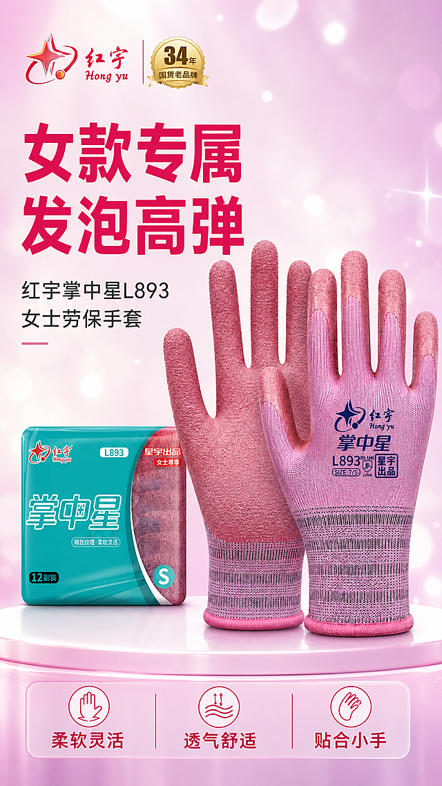 红宇掌中星L893女士劳保手套详情页头图，粉紫渐变背景，女性化产品海报风格。画面右侧展示一双玫红色劳保手套（玫红针织内衬+玫红乳胶发泡涂层掌面，手背有红宇logo、掌中星、L893、星宇出品字样，保持产品外观、颜色、材质、logo与输入产品图一致，杜绝变形色差），一只展示掌心玫红乳胶发泡面，一只展示手背玫红针织面。左侧放着青绿色包装袋（红宇品牌，掌中星，L893，女士尊享，12副装，S码）。左上角有红宇品牌logo和34年国货老品牌金色徽章。粉紫色渐变背景，干净柔和，有柔美光斑。商业摄影质感，光线柔和通透。文字：左上大标题"女款专属 发泡高弹"，玫红色粗黑体超大号字；副标题"红宇掌中星L893 女士劳保手套"，深灰色中号字。底部通栏三列卖点：柔软灵活 透气舒适 贴合小手。9:16竖版，文字清晰，高清质感。