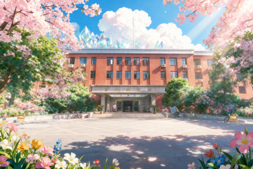 将图片改为充满治愈感的宫崎骏动画风格，建筑坐落在繁花与粉樱簇拥的地方，构成梦幻般的童话场景。上方的蓝天犹如透明的水晶，洁白的云朵像蓬松的棉花糖缓缓飘过，柔和的阳光倾洒而下，让鲜艳却不张扬的花草色彩更加预览效果