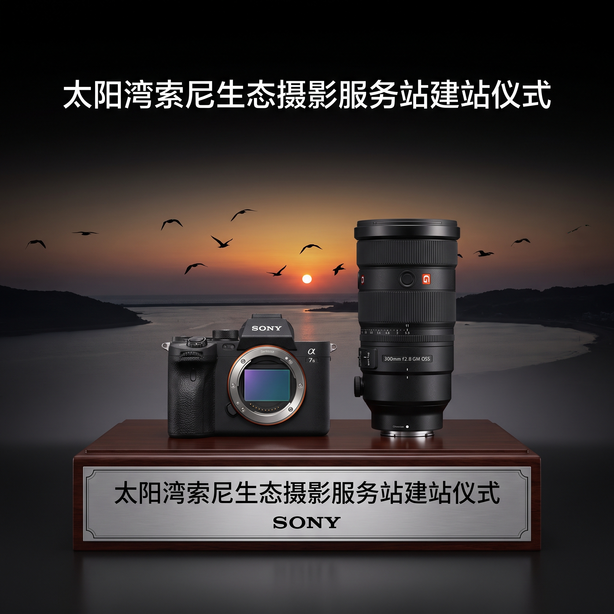 主题为太阳湾索尼生态摄影服务站建站仪式，主画面使用黑色渐变色背… - 图片创意预览