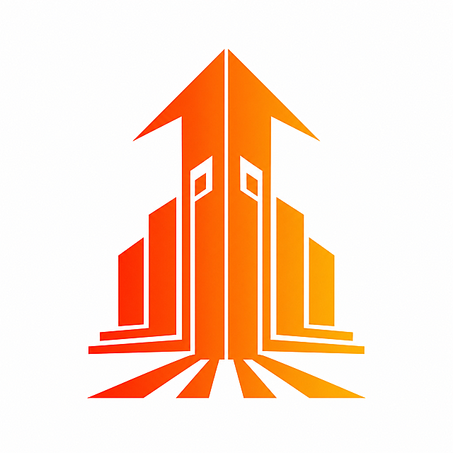 基于参考图中的橙红色建筑logo，将建筑造型与箭头元素巧妙结合设计logo，建筑轮廓自然融入向上的箭头形态，保持橙红到橙黄的渐变色系，现代简约风格，几何线条感强，专业大气，适合建筑行业品牌标识，矢量图形，白色背景，高辨识度