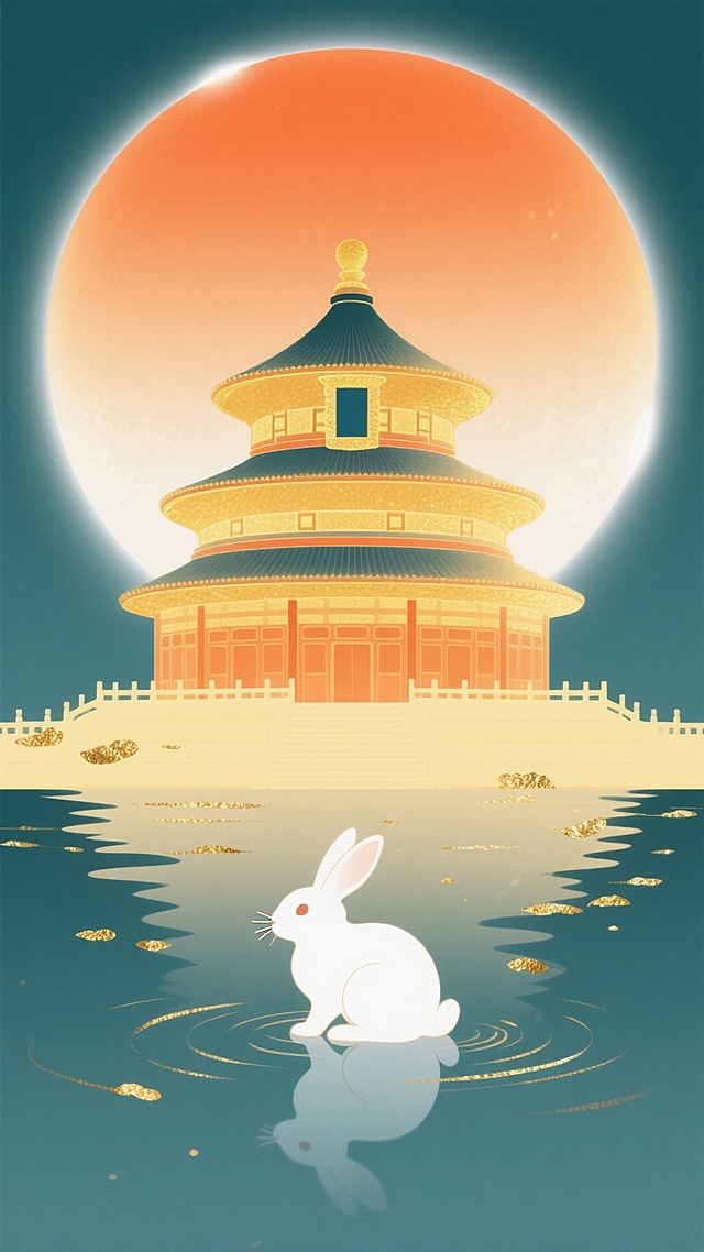 中式古典建筑与玉兔共映明月，鎏金点缀，水墨意境融合扁平插画风，营造梦幻唯美的中秋氛围。