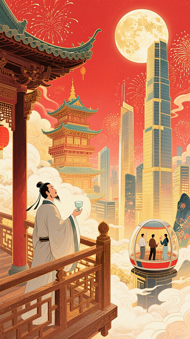 一侧，古代木质观景台，古代文人聚此，举着酒樽、凭栏望圆月、山河；另一侧，现代摩天楼高空观景舱，现代游客透过全景玻璃，赏烟花，背景古楼阁与城市高楼相融合，明月照。整体画面充斥着华丽的金色和喜庆的红色，奇幻色彩和光影变化，具有丰富的层次感和立体感，体现繁荣昌盛喜庆氛围，梦幻的大透视