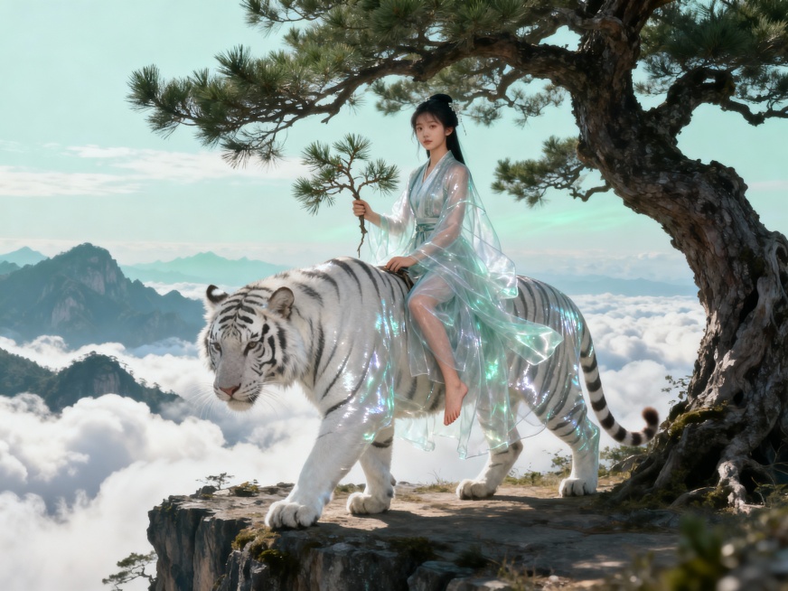 超现实质感，东方少女，身着透明薄纱汉服，赤脚，古装造型，手持松树枝，骑在白虎背上，立于悬崖边的古松树下，远处是连绵的山峦与云海，画面整体充满奇幻与仙气预览效果