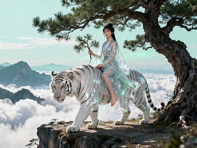超现实质感，裸身少女，赤脚，古装，手拿松树枝，骑白虎，在悬崖边上的一棵古松树下，远处是连绵的山峦和云海。