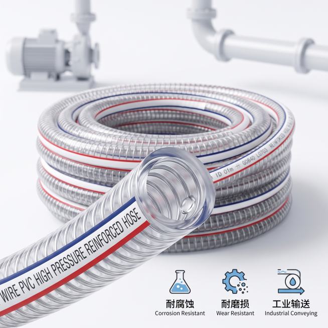 电商主图，PVC钢丝软管产品整体展示，突出内壁光滑特性，体现耐腐蚀耐磨损卖点，工业输送场景适配，简约干净风格，亚马逊跨境平台用图，1:1比例预览效果