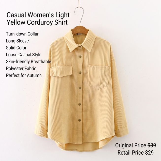 English e-commerce product main image for casual women's light yellow corduroy shirt, 1:1 ratio, pro预览效果