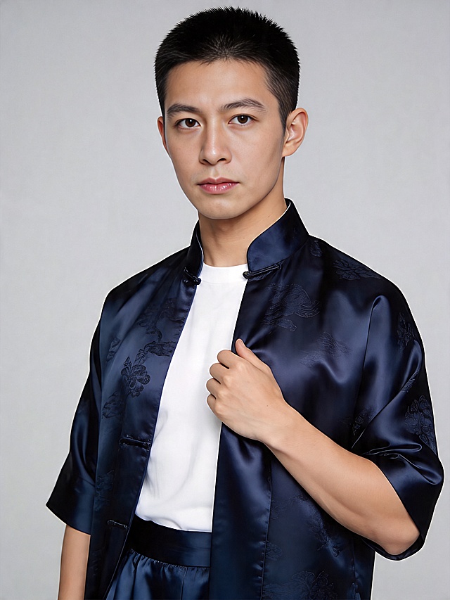 男士国风职场形象照,标准焦段50mm,f/4光圈,平视视角(镜头与人物视线齐平);人物占画面70%,人物居中(居中构图),位于画面中心,为视觉聚焦点,半身照;左右留少量背景空间;头部与画面顶部保留5%空间;头部发型完整,头肩比例协调,人物结构准确;身穿藏青色提花真丝缎面国风唐装(立领对襟设计,面料光泽细腻哑光);内搭白色高支棉打底衫;下装同色系藏青色真丝唐装裤;着装正式大气,沉稳儒雅国风气质;身形匀称,姿态端正,身体挺拔。呈自然站姿，左手轻扶衣摆的自然姿态，肢体放松且自信;发梢干净利落，简约干练，主体锐利,背景光线均匀柔和,强化色彩对比的高级感。水墨灰色纯色背景(呈现均匀柔和质感),极简干净;画质超高分辨率、细节清晰,现代精致国风风格;肤质精细化处理;眼神直视镜头,目光坚定且澄澈,表情自然。嘴角微微内敛;肤色均匀，柔光自然质感，哑光干净肤质，肤色均匀提亮;杰作,最佳画质,超高细节,写实国风人像摄影,中近景人像,皮肤细腻通透,自然立体轮廓，柔光,正面补光,画面干净高级,高清皮肤细节;面部光比1:1.5,4800K中性光,微微修饰脸型,肤质哑光细腻,面部雾面柔光,真实自然毛孔纹理;分辨率4K，画面比例3:4