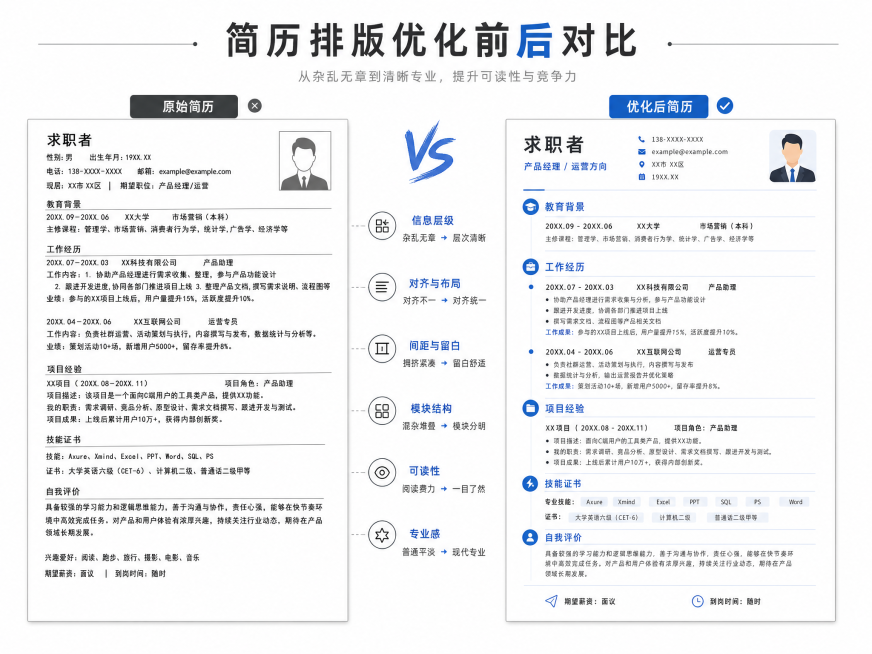 生成一张简历排版修改的前后对比图，左侧是排版混乱拥挤的原始简历，右侧是修改后干净整洁、布局清晰的专业简历，左右分栏对比展示，整体风格简约专业预览效果
