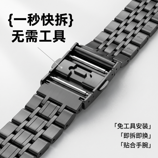 [主图 3] 快拆结构展示主图。
[氛围风格] 运动商务科技质感。
[画质] 商业摄影质感、光线柔和通透、产品清晰真实、画面干净高级。
[元素] 展示表带快拆扣结构特写，产品居中放置，主体占比约65%预览效果