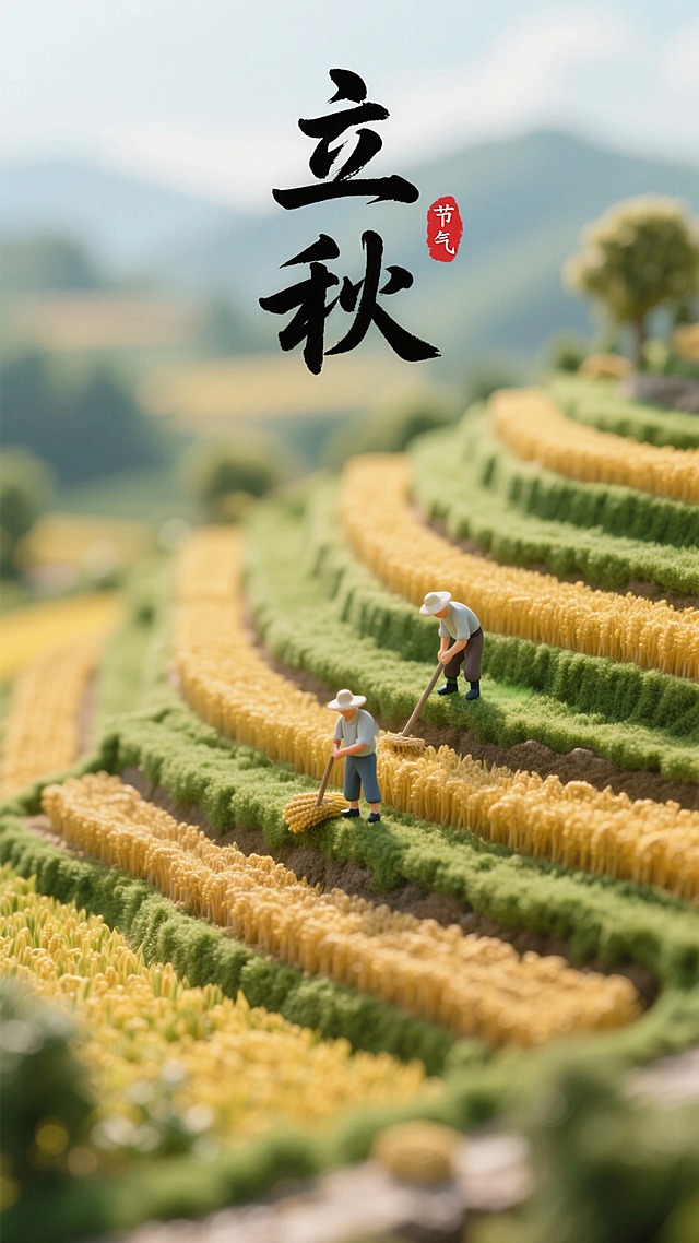 俯瞰视角；一层一层由绿色到金黄色渐变的阶梯农田；2个劳作的农民；顶部书法字体“立秋”，旁边红色小印章”节气“点缀