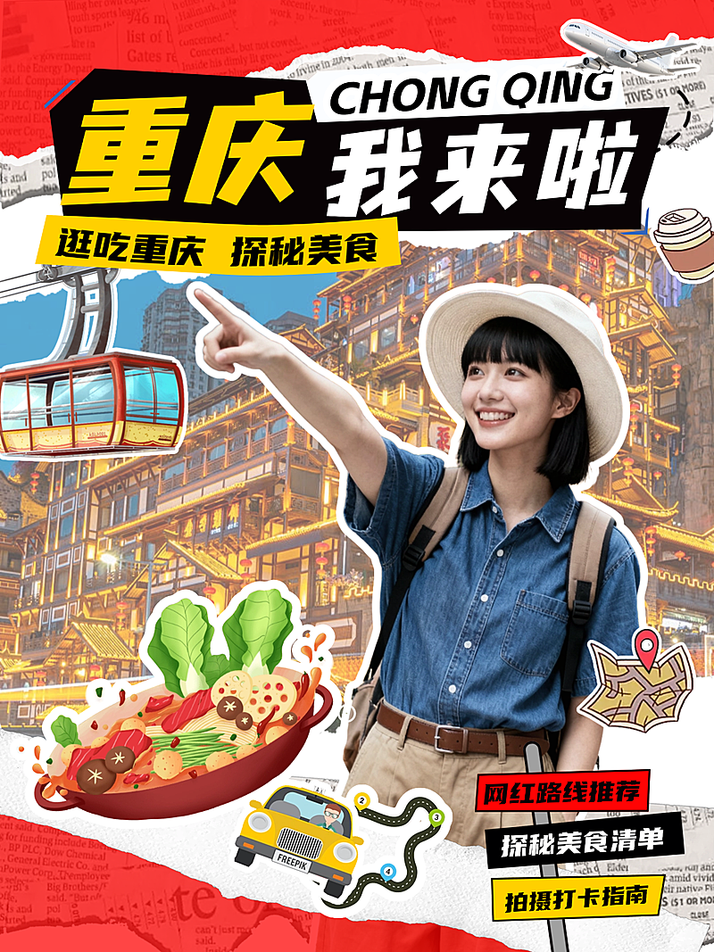 旅游出行重庆旅游攻略指南分享人像小红书封面