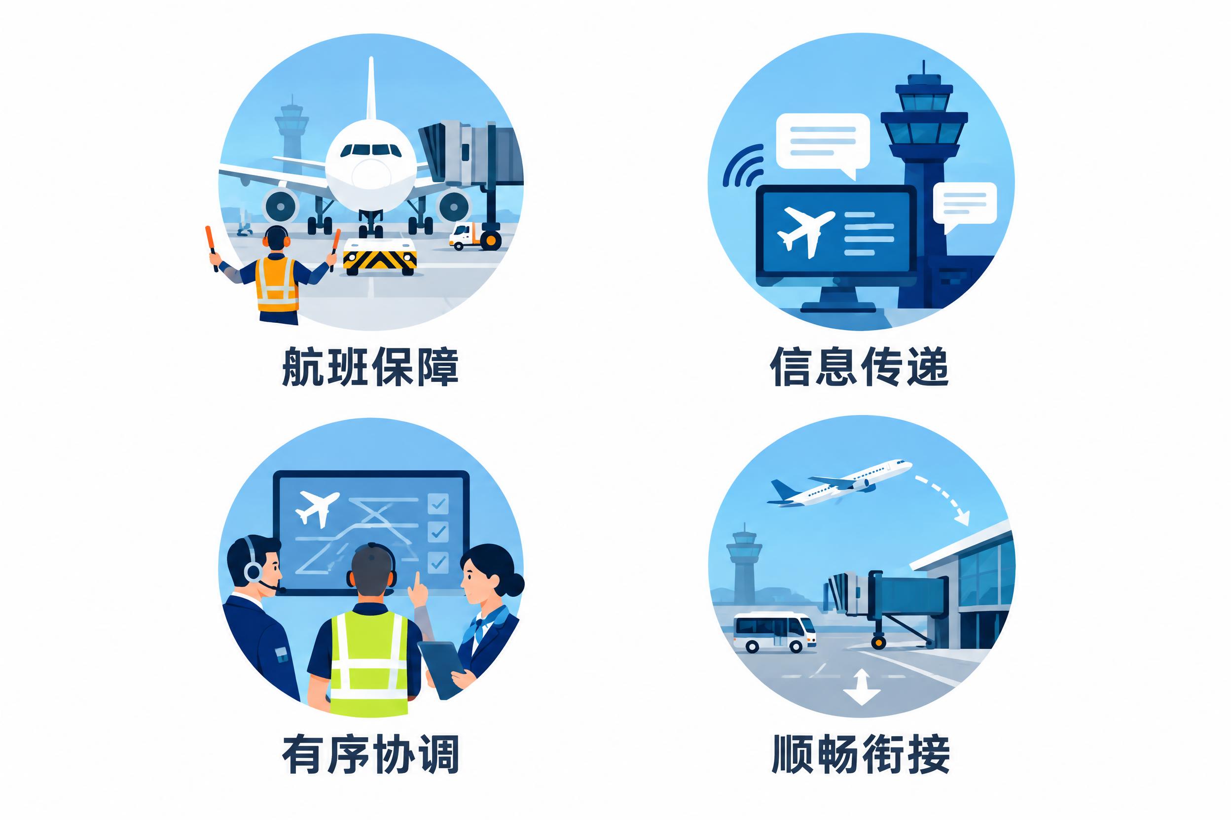 四个机场运营服务矢量图标，分别为：航班保障、信息传递、有序协调… - 图片创意预览