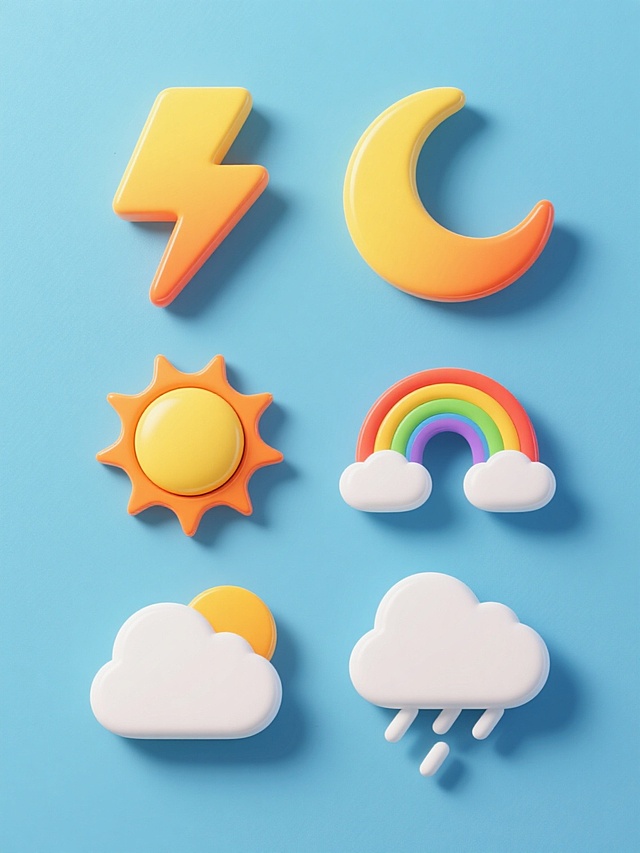 一系列六个规整排布的图标集合，保持原3D立体图标风格，每个图标拥有黄色渐变主体、橙色描边和底部阴影的质感，光影从图标顶部偏左位置照射，呈现明亮高光和柔和阴影过渡。包含闪电图标、弯月图标、圆形太阳图标、彩虹图标，以及另外两个同类目不同形态的简洁天气或自然现象相关图标，所有图标在纯色背景上均匀排列，整体画面色彩变换为统一协调的清新蓝色调，确保视觉层级清晰、信息传达高效。