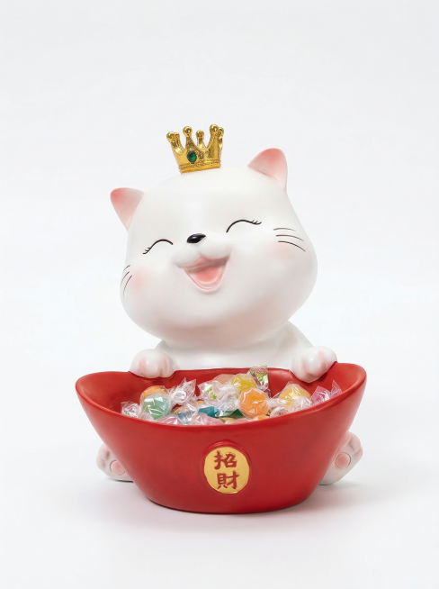 产品精修，这是一个招财猫收纳摆件，清除所有指纹灰尘划痕，产品完美无瑕，保持表面整洁，突出产品高级感，超清摄影，商业级大片画质，极致锐利，细节分明，主体突出，专业影棚光效，商业摄影风格，纯白色背景，画面预览效果