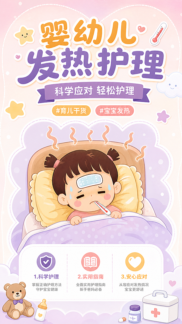 卡通手绘暖萌风格9:16竖版婴幼儿发热护理科普电商海报，主标题文字"婴幼儿发热护理"，副标题文字"科学应对 轻松护理"，装饰标签文字"#育儿干货" "#宝宝发热"，卖点分区展示：1.科学护理 掌握正确护理方法守护宝宝健康；2.实用指南 全面实用护理指南新手爸妈必备；3.安心应对 从容应对发热情况宝宝更舒适。画面中心绘制卡通生病发烧婴幼儿躺在床上含体温计插画，搭配发热蒸汽效果，画面点缀星星、云朵、小熊玩具、奶瓶、医药箱卡通元素，整体配色柔和温暖浅粉紫渐变背景，排版精美，文字清晰不遮挡主体，四边保留安全边距，风格可爱亲和符合育儿主题