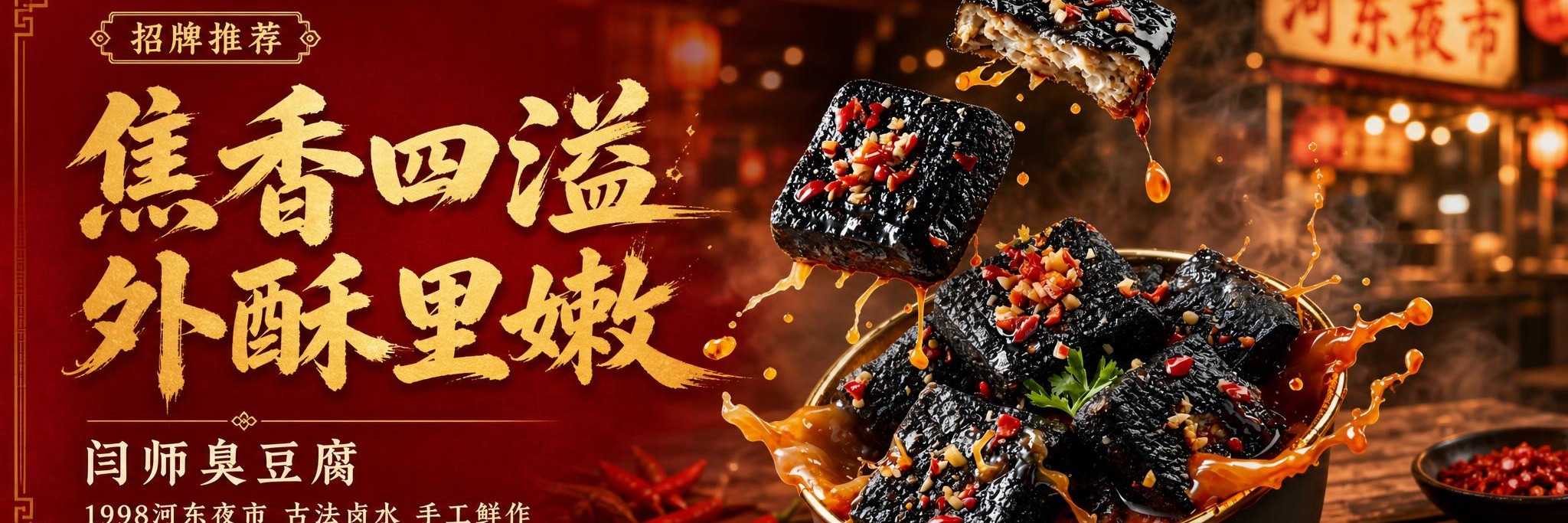 [海报主题] 闫师臭豆腐推荐菜单横幅海报，核心主打焦香四溢外酥… - 图片创意预览