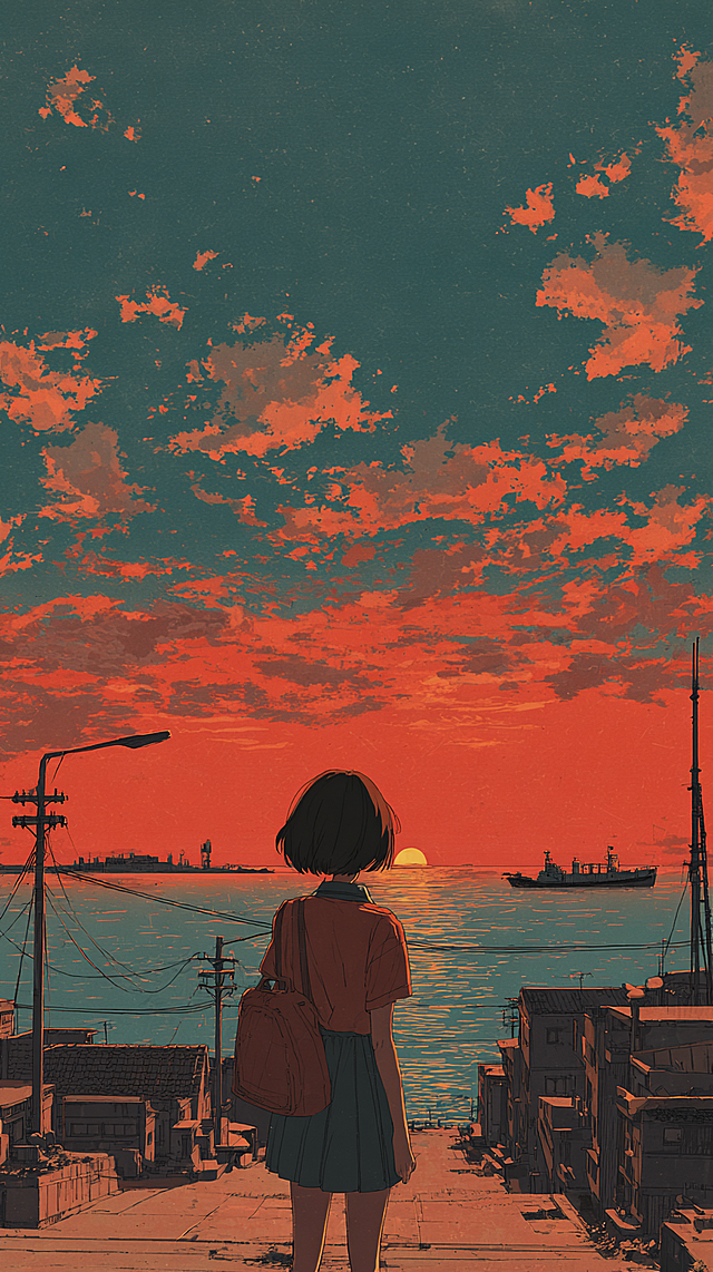 Japanese 90s anime illustration style, retro sunset seaside city, Showa era short-haired girl looking into the distance, nostalgic retro color matching, anime aesthetic