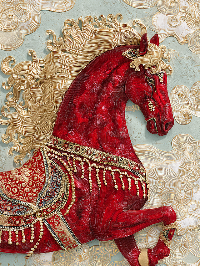 工笔浮雕风红马，鎏金鬃毛飘逸，刺绣纹饰华美，金属质感厚重，尽显中式古典奢华与民族复古气韵。