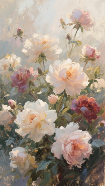 油画质感花卉背景，采用厚重且富有表现力的笔触，营造出柔和朦胧的氛围，画面中多朵盛开的花卉以变换后的配色和造型呈现，色彩过渡自然和谐，整体构图饱满均衡，光线柔和，阴影细节丰富，高光表现细腻，花卉形态结构清晰可辨，保持油画特有的笔触质感和色彩融合效果。预览效果