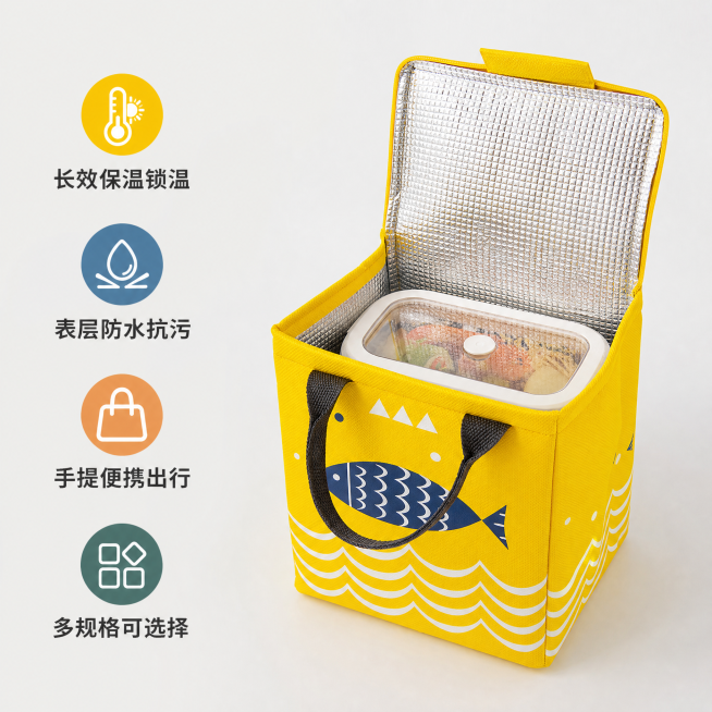 [主图-2] 手提保温便当包核心卖点展示图。
[氛围风格] 干净简约，清晰突出产品功能优势。
[画质] 商业摄影质感，清晰通透，真实自然。
[元素] 便当包斜侧放置打开状态，露出内部珍珠棉里层结构，放预览效果