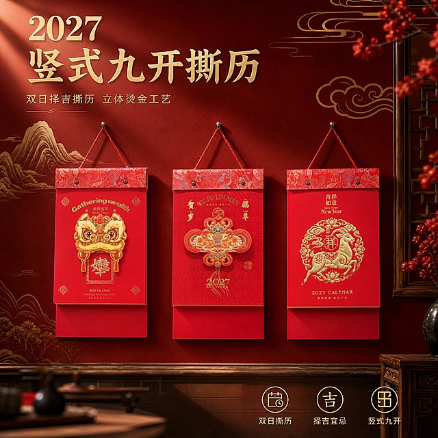 淘宝主图，1:1正方形，2048x2048px，2K高清。画面展示3款竖式九开双日历择吉撕历组合陈列，3款挂历悬挂在新中式背景墙上，左右错落排列，每款挂历严格保持原图封面和整体完全不变，所有细节100%保留原样，不得有任何变形、拉伸、图案改动或文字错误。3款分别为：左侧醒狮招财款、中间中国结福羊款、右侧吉祥如意金羊款。每款挂历的顶部花纹装饰条、红色挂绳、封面立体图案、烫金文字、红色底座均与原图完全一致，立体和烫金部分有真实金属光泽和立体质感。背景为新中式国潮喜庆场景：深红色渐变背景墙搭配金色祥云纹理和淡金色山水线条，营造新年喜庆高级氛围；挂历自然悬挂，底部有柔和光影，不悬浮。画面左上角留白处放置主标题文字「2027竖式九开撕历」，字体为大气书法宋体，金色描边，字号醒目；下方小字副文案「双日择吉撕历 立体烫金工艺」，字体为细黑体，金色。右下角放置3个轻量卖点图标+短句：双日撕历、择吉宜忌、竖式九开。整体风格高级喜庆，国潮质感，商业摄影级光影，主光从左上方斜射，烫金立体部分有细腻金属高光，红金配色饱满有质感，景深自然，背景适度虚化突出主体。文字清晰可读，不遮挡挂历主体。严格禁止：产品变形、产品封面改动、产品拉伸、产品比例变化、产品文字错误、立体造型变形。禁止水印、平台Logo、杂乱元素、产品悬浮、颜色偏差。