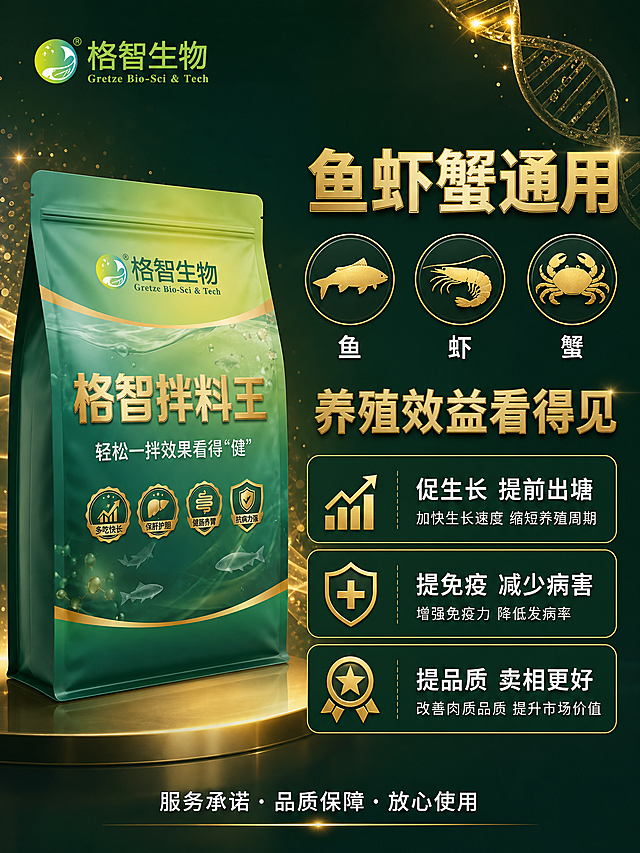 [主图-5] 格智拌料王适用范围与养殖效益转化图。
[氛围风格] 高端科技感 专业水产养殖风 深绿金配色 转化导向。
[画质] 商业摄影质感 光线通透 产品清晰真实 画面干净高级 超高清细节。
[元素] 画面左侧约占40%放置格智拌料王产品包装袋 产品正面朝向观众 略微倾斜有动势 保持产品外观物理结构材质质感颜色与输入产品图绝对一致 杜绝任何变形和色差 精细化处理 商品主体占画面约45%。右侧约占60%为信息展示区。背景为深绿色渐变科技感背景 底部有金色反光台面 背景中有金色流线型光带和粒子光点 右上角有淡金色DNA双螺旋结构光效装饰。右侧信息区分上下两部分 上半部分为适用对象展示 有三个圆形图标横向排列 分别是鱼 虾 蟹的金色剪影图标 下半部分为效益展示 有三个数据卡片竖向排列。
[光影] 主光源从左上方照射 产品受光均匀有立体感 金色元素有金属高光 整体光影通透有层次。
[配色] 主色调深墨绿色 辅助色金色 点缀色白色 整体配色高端大气 专业感强。
[视角构图] 左右分栏构图 左侧产品 右侧信息 视角平视略微仰视 画面饱满有层次 满屏无边框。
[文字版式] 右侧顶部主标题鱼虾蟹通用 金色粗体大字 下方三个圆形图标下方分别标注鱼 虾 蟹 白色字体。再下方主标题养殖效益看得见 金色粗体字 略小于顶部主标题。下方三个数据卡片 分别标注促生长 提前出塘 提免疫 减少病害 提品质 卖相更好 每个卡片为深绿色底金色细边框 左侧金色数据图标 右侧白色说明文字。底部有服务承诺 品质保障 放心使用 白色小字居中 下方有细金色分割线。左上角有格智生物品牌logo。
[输出要求] 3:4比例 文字清晰可辨 超高清商业摄影质感。
[负向提示词] 变形 文字错乱 产品图模糊 背景杂乱 水印 电商平台Logo 二维码 绝对化用语。