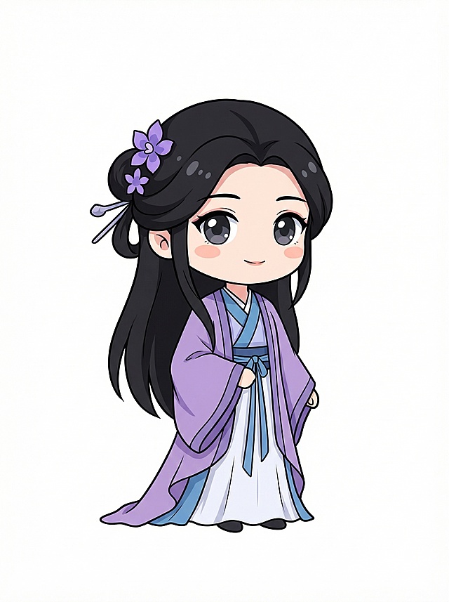 将图1中的古风女性人物转换为参考图2的Q版风格，保留原人物的紫色汉服和发型特征，采用Q版卡通的全身立绘，白底背景