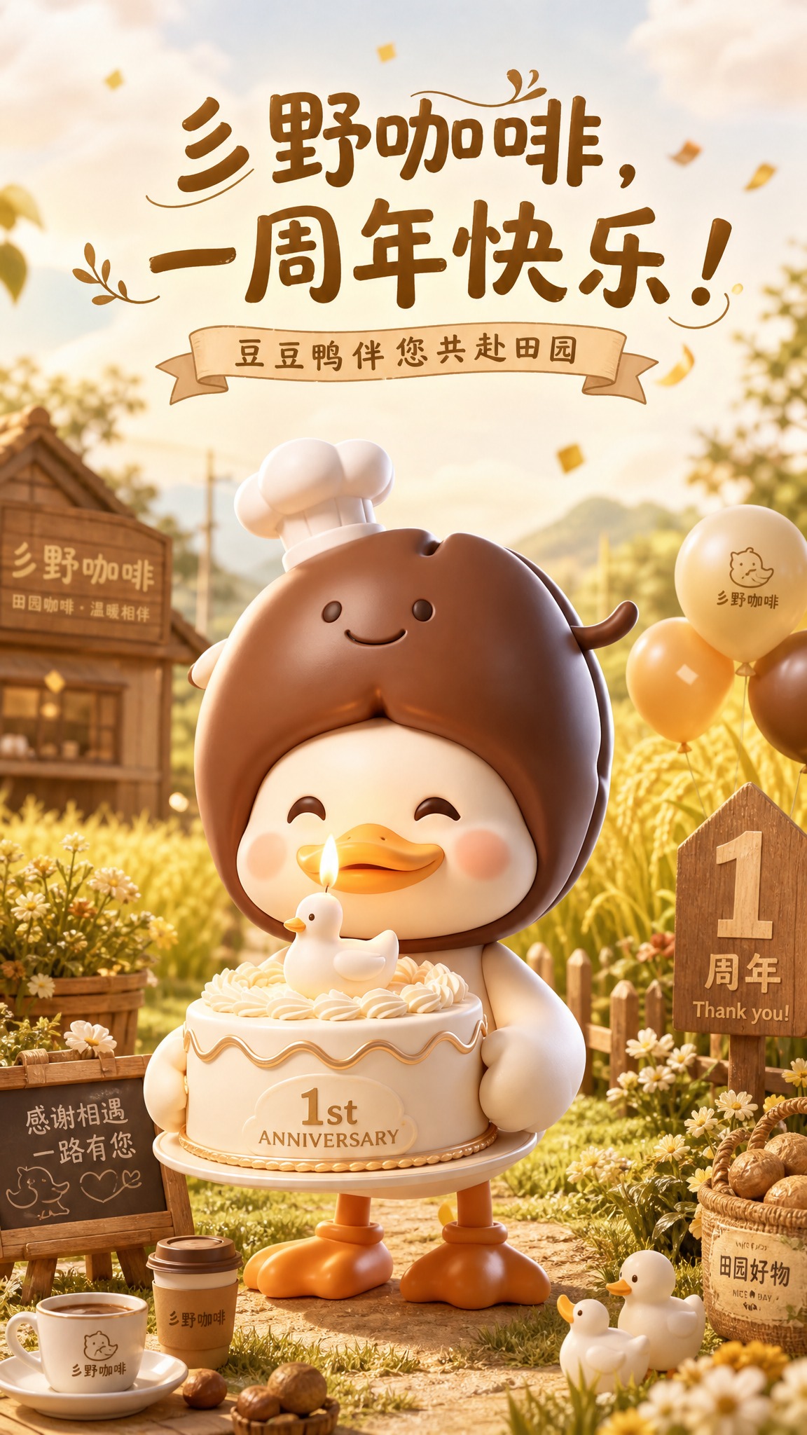彡野咖啡一周年主题海报，竖版，以参考图中的3D豆豆鸭形象为主角… - 图片创意预览