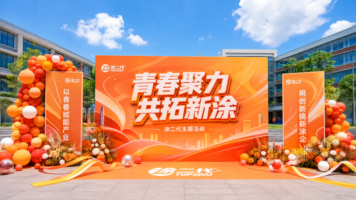 设计一套完整的户外活动立板组合场景图，用于‘涂二代’主题活动，整体主色调为橙色系（含橙红、暖橘、浅橙等渐变），包含：①中央大型主背景板（文字：‘青春聚力 共拓新涂’，大号立体字）、②左右两块竖立侧板（预览效果