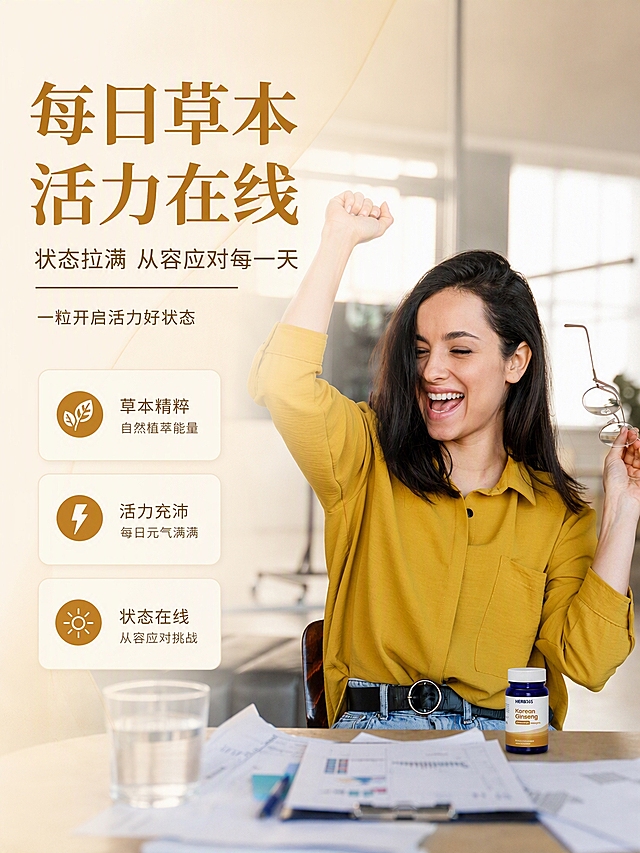 [商品] 使用【图8】职场女性活力场景与产品瓶；保留人物、黄色衬衫、桌面环境、产品瓶外观，瓶身英文不翻译不改写。
[画面] 目标：活力状态展示，传递每日草本支持、焕发好状态的积极情绪。构图：左文右图，左侧大标题区，右侧女性开心举拳的活力姿态，产品瓶置于桌面右下角清晰处。前中后景：前景桌面文件+水杯+产品瓶，中景人物，背景虚化办公室窗户自然光。
[视觉] 套系策略：风格=温暖自然草本高级商业摄影；标题字=粗衬线宋体（厚重有力）；正文字=简洁无衬线体；主色=米杏暖白；背景延展=基于米杏暖白做深浅渐变、同色层次和细腻哑光质感；强调色=金棕色，仅用于图标和重点高亮；标题色=深金棕色；正文色=中暖棕；组件=圆角浅底信息卡；光影=右侧自然光+左侧暖补光，人物肤色自然有光泽。
[文字] 左上文字区横排。主标题：「每日草本 活力在线」（超大字号，深金棕色）；副标题：「状态拉满 从容应对每一天」；下方小字：「一粒开启活力好状态」。文字不遮挡人物主体。
[规格] 图片比例3:4竖版，4K，负向提示：避免变形、错字、文字过小、冷蓝/蓝灰背景、人物面部失真、医疗功效承诺、极限词。