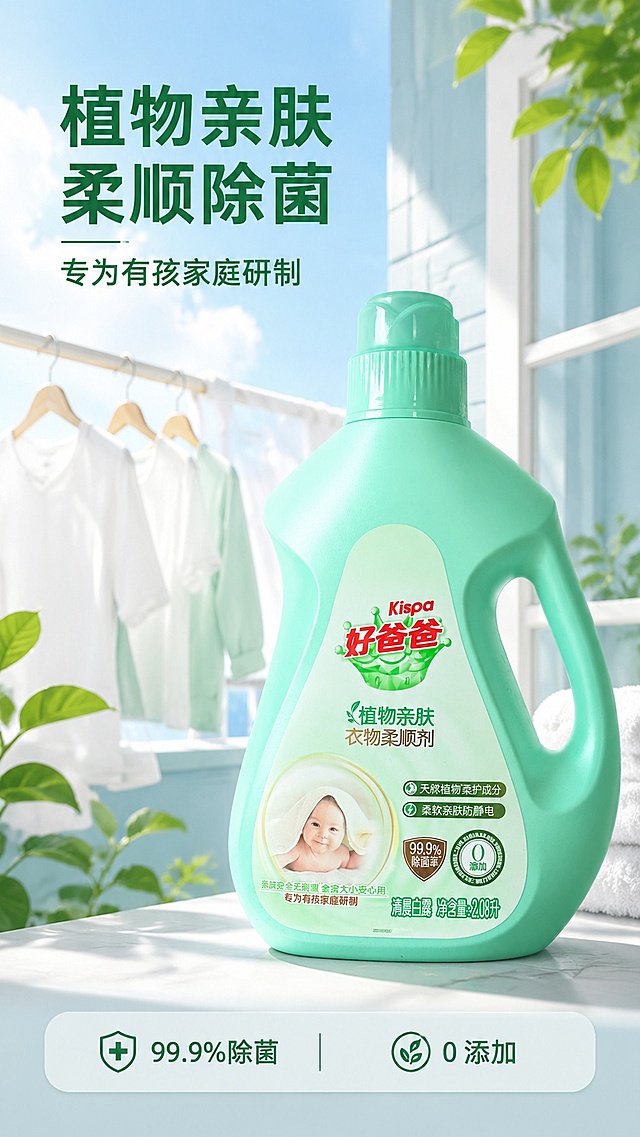 [第1屏] 详情页头图-好爸爸植物亲肤衣物柔顺剂宣传海报。本屏使用【图1】作为商品主体。
[氛围/风格] 清新自然家居风，干净晾晒场景，柔和自然光线，商业摄影质感，清新舒适氛围。
[元素布局] 柔顺剂瓶身放置在画面右下区域，占比约65%；左上预留主标题区域，背景为晾晒干净衣物的浅蓝阳台场景，点缀清新绿植；瓶身结构、颜色、包装文字与输入产品图保持完全一致。
[光影质感] 左侧自然柔光照射，瓶身右下角自然投影，瓶身高光清晰柔和，整体画面明亮通透。
[配色色系] 全局底色 #F5FBF7，主色浅青绿色，辅助色浅蓝背景、深绿色标题，点缀白色衣物。
[视角构图] 正面微仰视，产品为视觉中心，阅读动线左上标题 → 右下产品 → 底部信息条。
[文字版式] 版式为左上标题 + 右下产品 + 底部信息条。主标题「植物亲肤 柔顺除菌」，副标题「专为有孩家庭研制」，加粗深绿色字体左对齐；底部信息条标注「99.9%除菌 0添加」；文字不遮挡瓶身主体，清晰易读。
[比例分辨率] 9:16竖版比例，4K分辨率，文字清晰可辨，高清画质。
[负向提示词] 瓶身变形，缺件错件，颜色偏差，包装文字错乱，水印，文字过小，背景杂乱