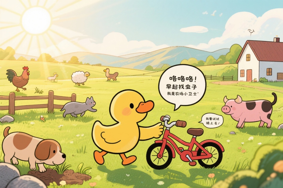 场景一：农场的早晨

（背景：阳光明媚的农场，母鸡、绵羊、狗、猫、猪、牛在各自的位置活动）
母鸡（拍着翅膀）：咯咯咯！早起找虫子，身体棒哒哒！
绵羊（慢悠悠吃草）：咩~ 青草真甜呀！
狗（围着围栏跑）预览效果