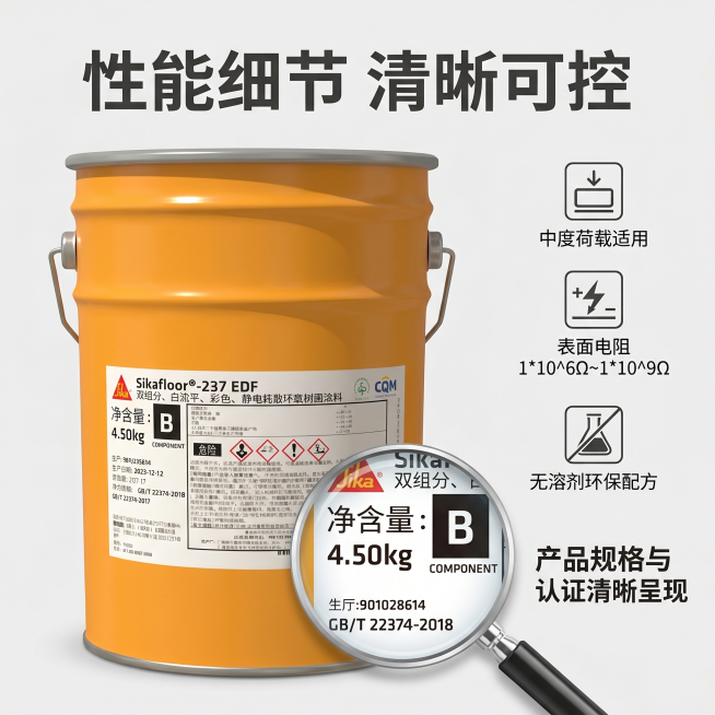 [主图-3] 西卡环氧地坪漆性能工艺细节展示
[氛围风格] 专业细节，真实可信
[画质] 商业摄影质感，清晰真实，画面干净高级
[元素] 主体展示西卡产品桶身，右下角增加局部放大框，放大标签的产品规格预览效果
