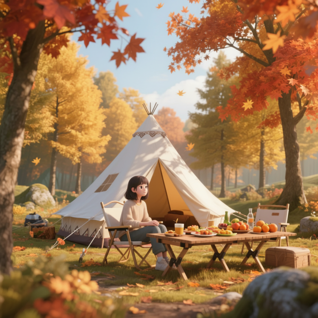 秋日野营场景，画面中央是一顶带有装饰的白色帐篷，帐篷周围是枫树和金水杉，树叶呈现橙红色和金黄色，一个女孩坐在帐篷外的折叠椅上，面前的木桌上摆放着食物、应季水果和饮品，阳光透过树叶洒下斑驳光影，整体氛围预览效果