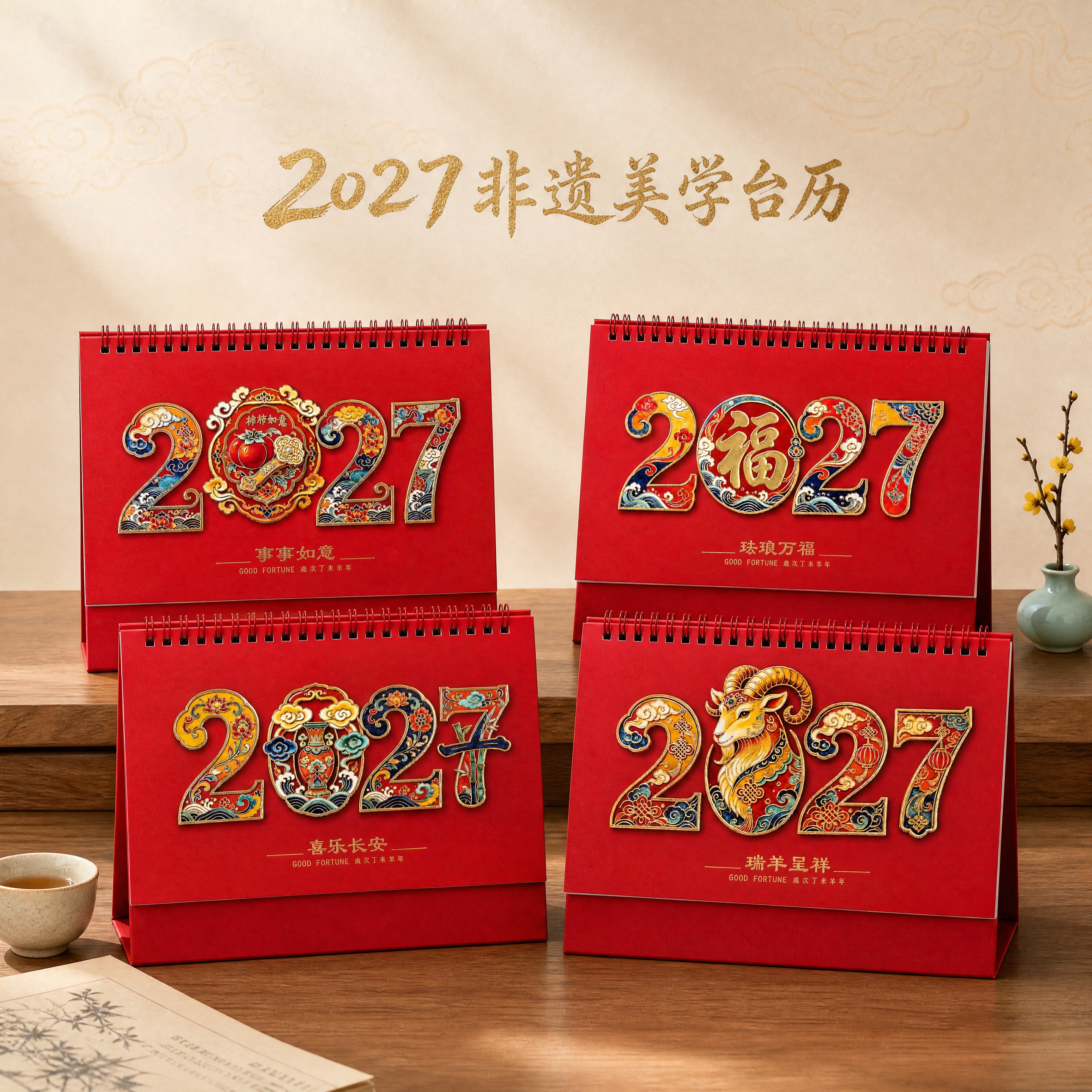 超写实新中式简约场景摄影。 主体：四款2027年红色珐琅台历严… - 图片创意预览