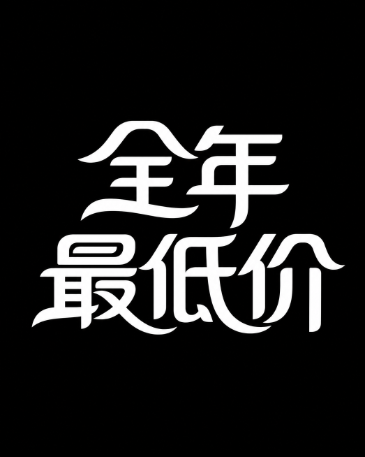 纯黑色背景。平面艺术字体设计，分两行排列：第一行"全年"，第二行"最低价"，字体为简约流动无衬线字体，通过流畅曲线重构笔画，几何化处理富有设计感，文字为纯白色，仅包含这五个字，不得增加或遗漏任何一个字预览效果