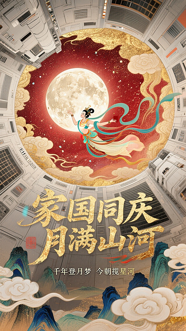 大师级排版设计，字体进行抽象变形，字体流畅且富有艺术感。创意大标题“家国同庆 月满山河”，底部小字“千年登月梦 今朝揽星河”。极致的仰视视角超强纵深透视，螺旋环绕构图，祥云环绕贯穿整个画面，现代的空间站内部，嫦娥呈敦煌飞天姿势从空间站内向红色调的月星空飞去，满月，超强透视。