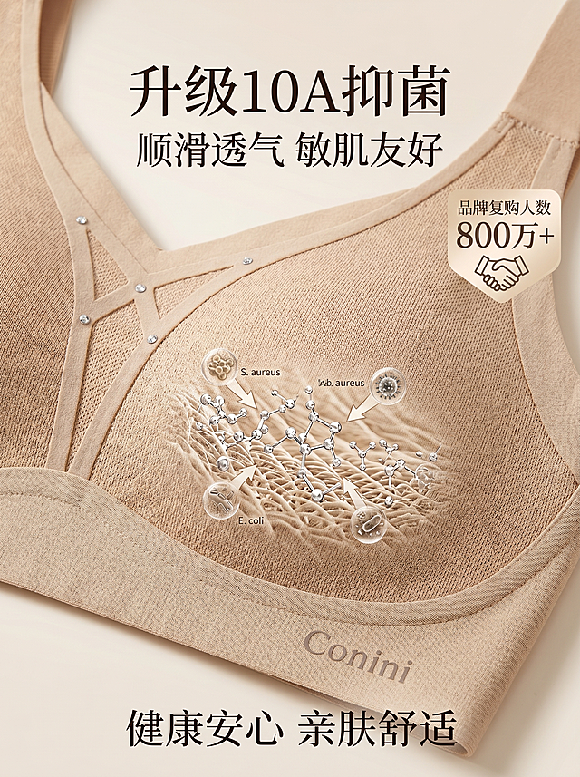 裸色内衣面料特写，搭配抑菌分子示意图，展示面料细腻纹理，浅暖米色面料纹理背景，面料功能展示电商主图，突出面料优势，暖调低饱和柔和干净，主标题：升级10A抑菌，副标题：顺滑透气 敏肌友好，品牌复购人数800万+，健康安心亲肤舒适，轻奢简约风格