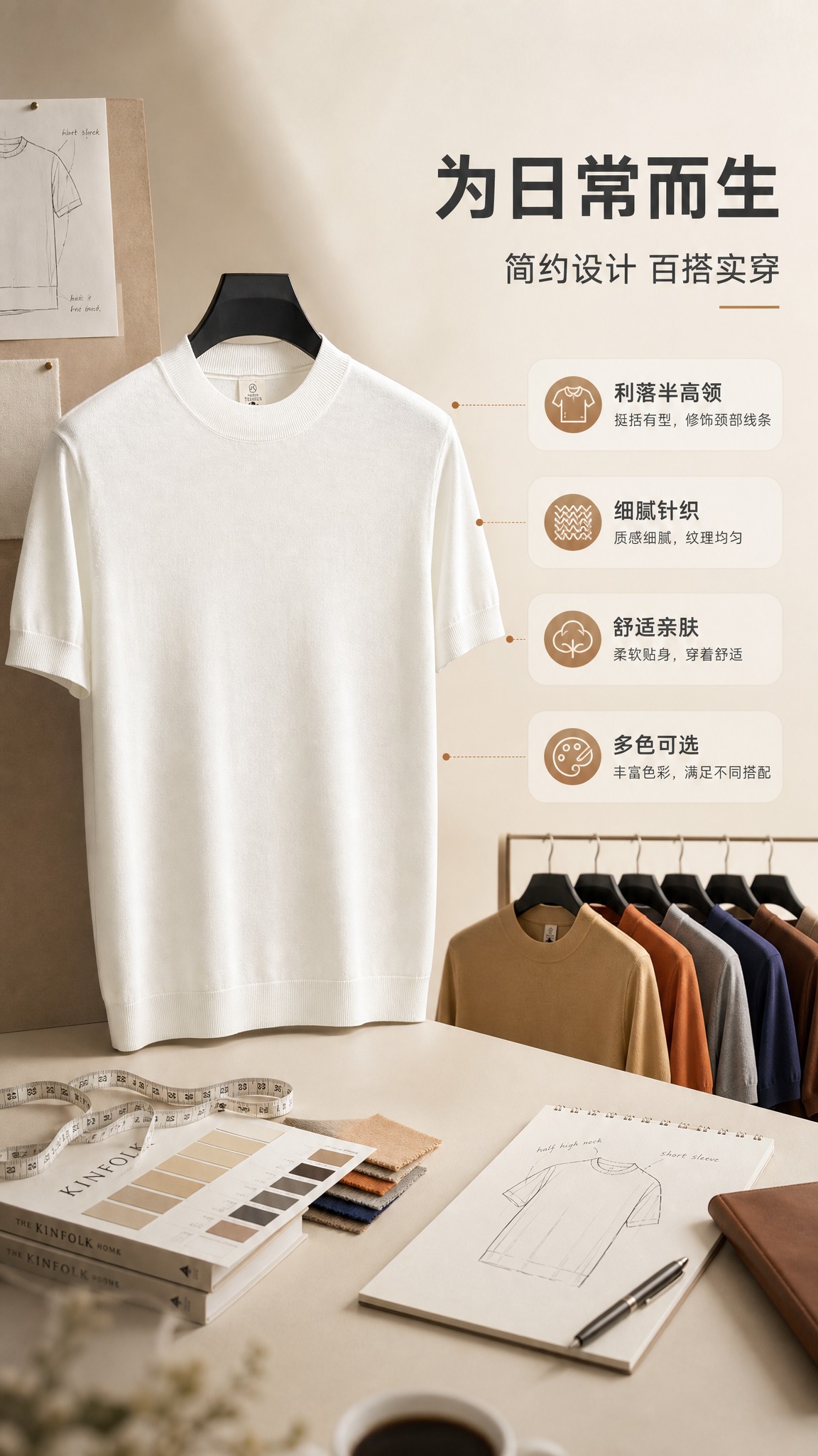 [商品] 使用【图1】男士半高领针织短袖T恤，展示白色款及多色… - 图片创意预览