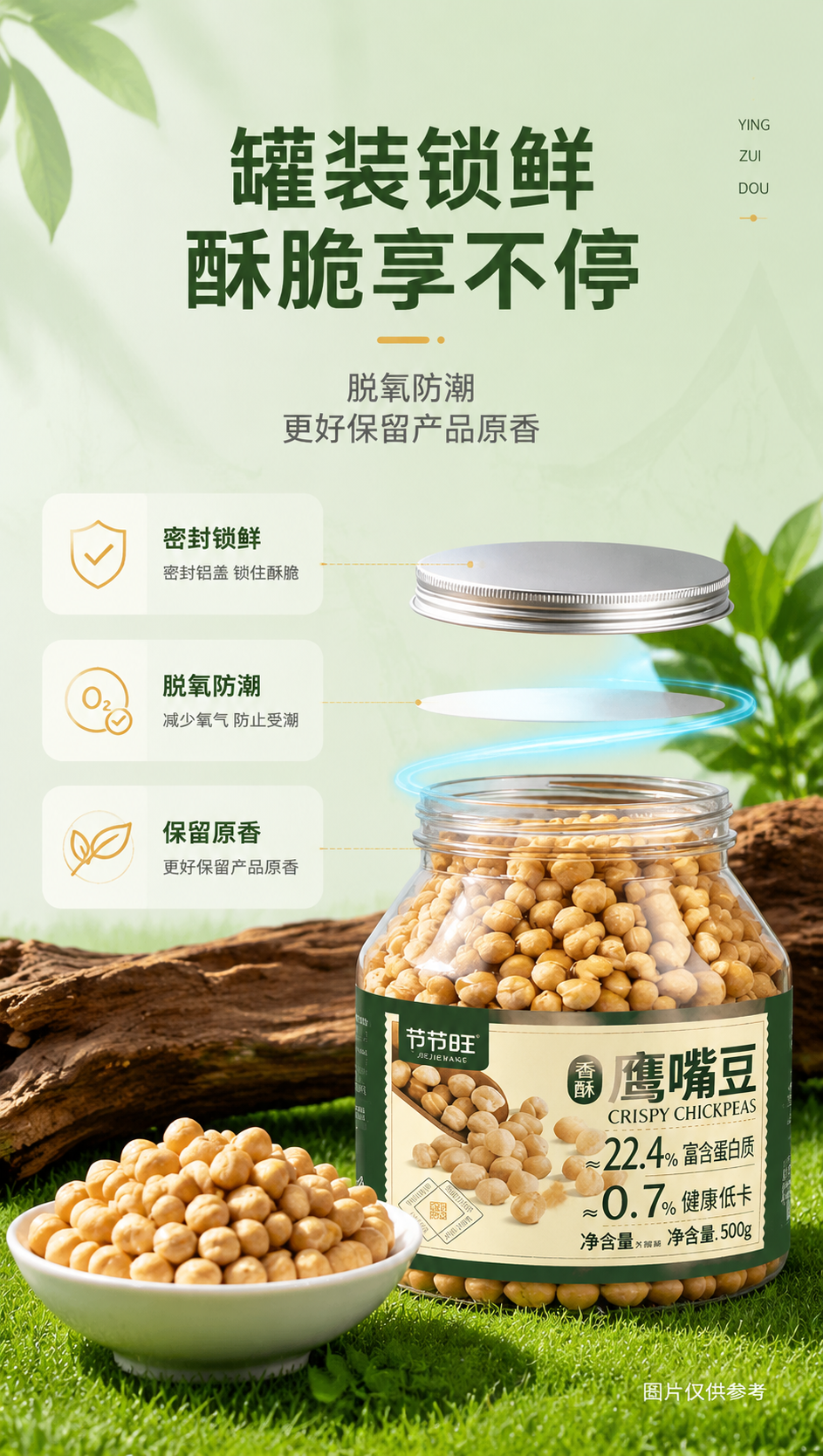 [商品] 使用【图1】节节旺香酥鹰嘴豆500g透明罐装；保留罐… - 图片创意预览