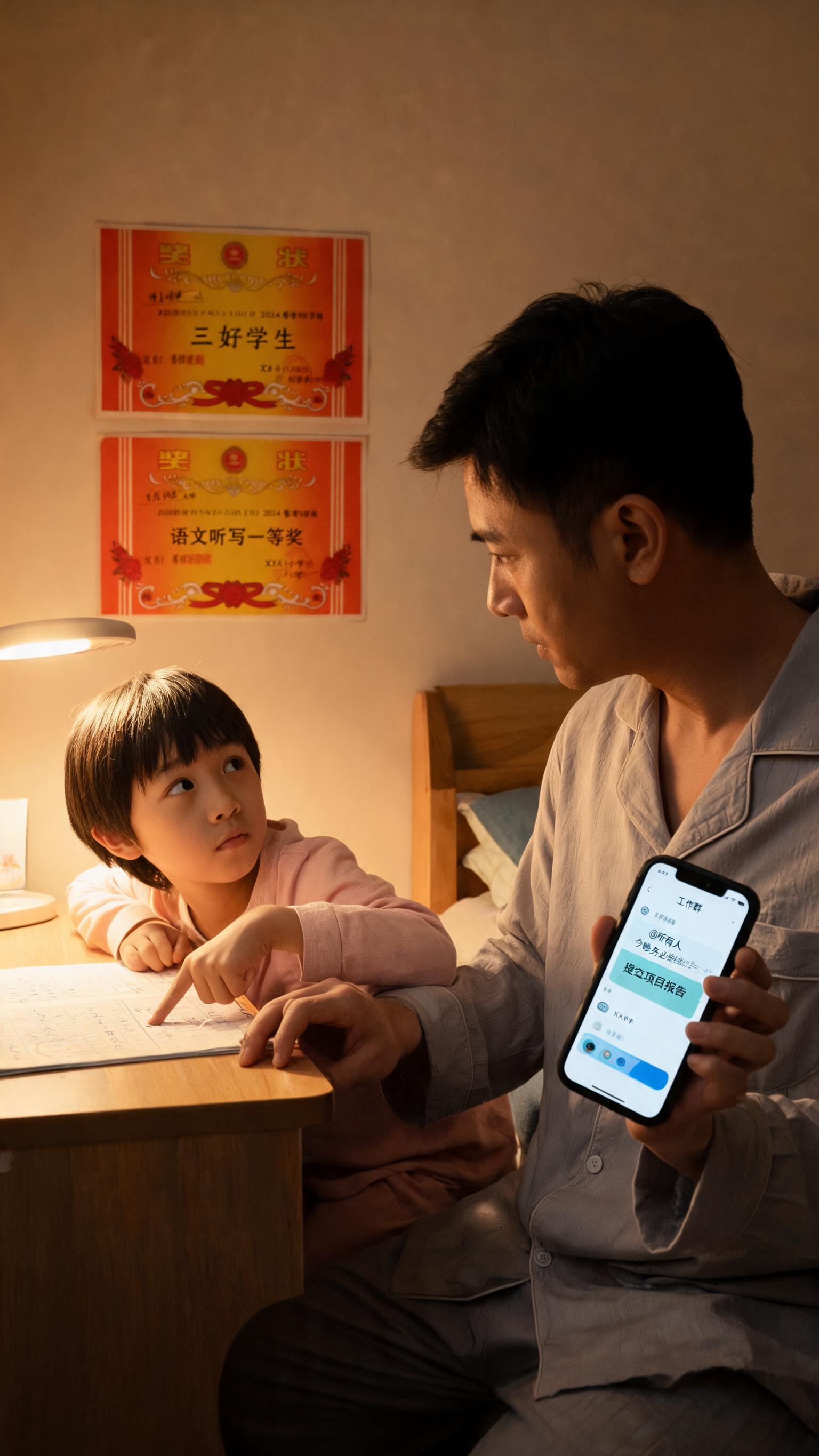 一个爸爸坐在孩子旁边辅导作业，台灯下摊着作业本，孩子用手指戳他… - 图片创意预览